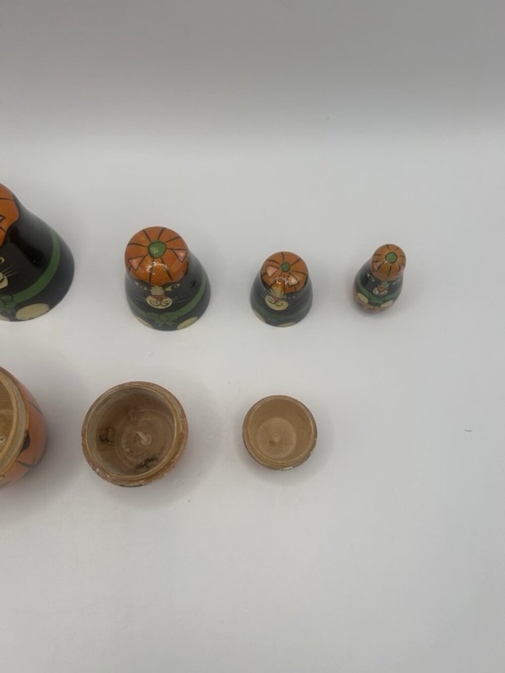 Halloween Kitty Cat Pumpkin Hand-Painted Wood Stacking Nesting Dolls Five Vtg - Picture 15 of 16
